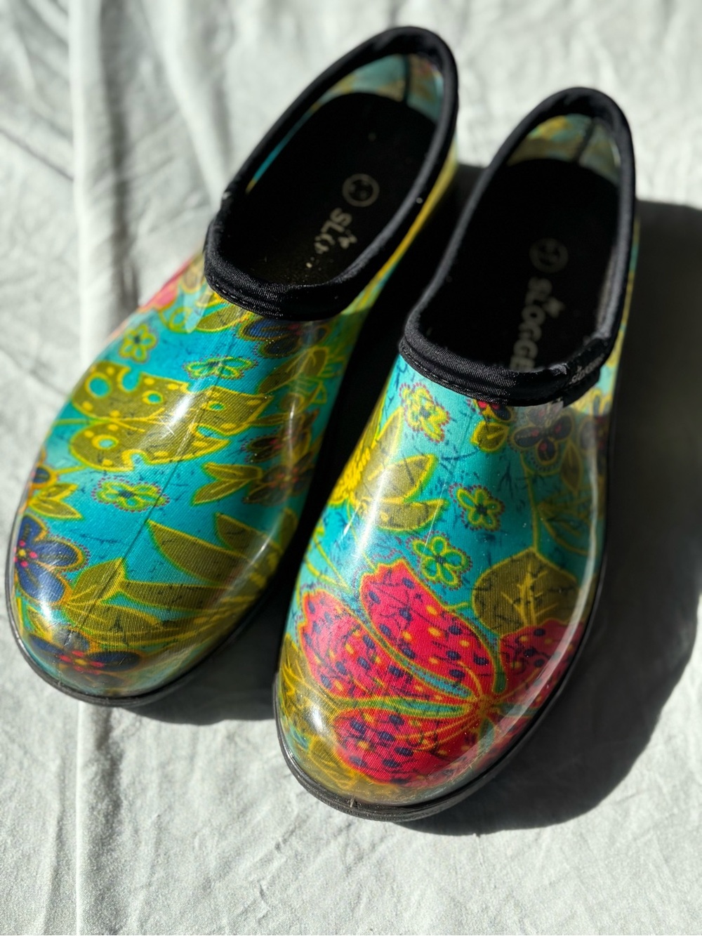 Sloggers Women's Teal Floral Slip-On Clog with Pink & Gold Accents